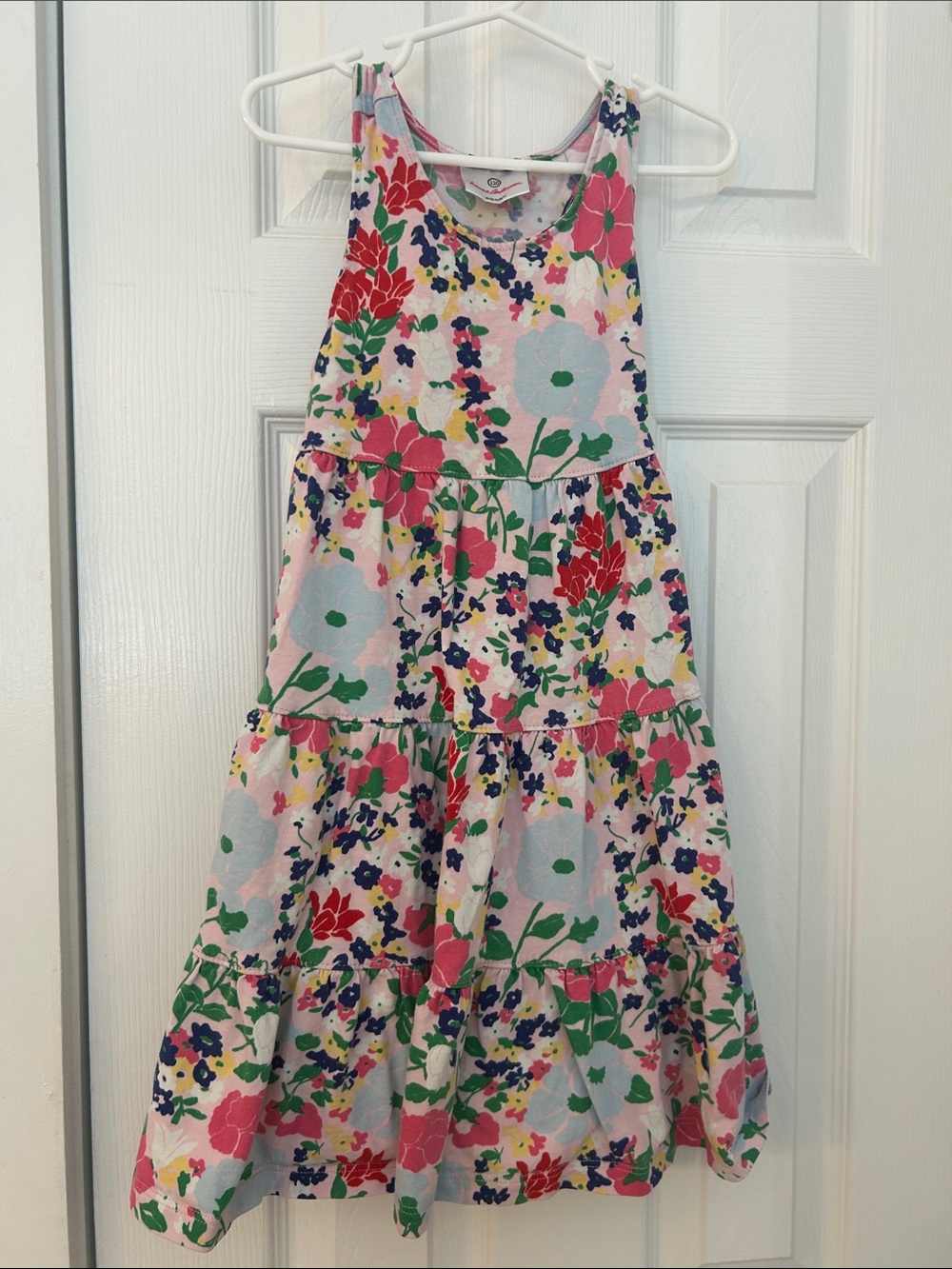 Hanna Andersson Pink Floral Tiered Dress with Navy & Yellow Accents